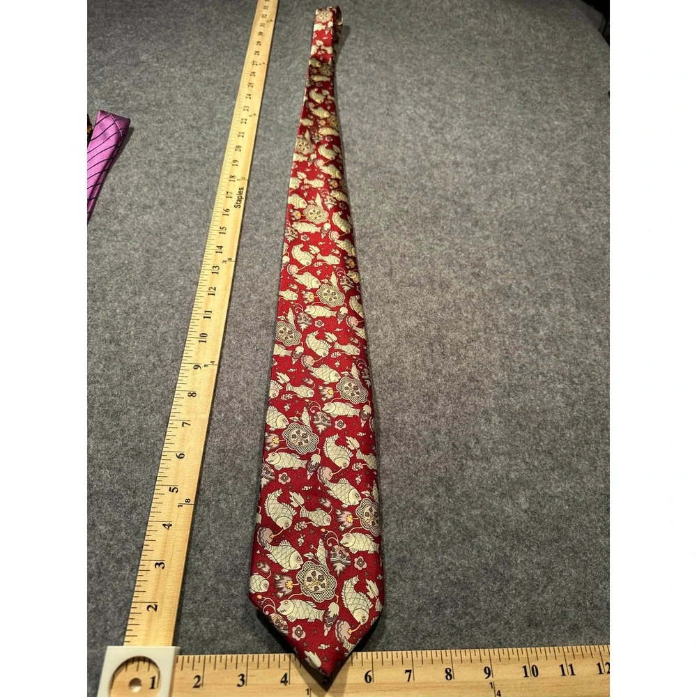 AKM Mens Silk Necktie Red Fish Floral Medallion Novelty Print Classic Tie